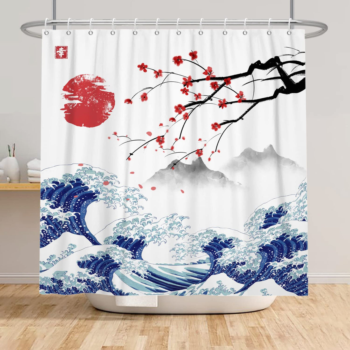 SDOTPMT 165x180cm Japanese Mount Fuji Shower Curtain Cherry Blossom Sunset Asian Ink Painting Bath Curtain Wave Landscape Painting Bathtub Curtain