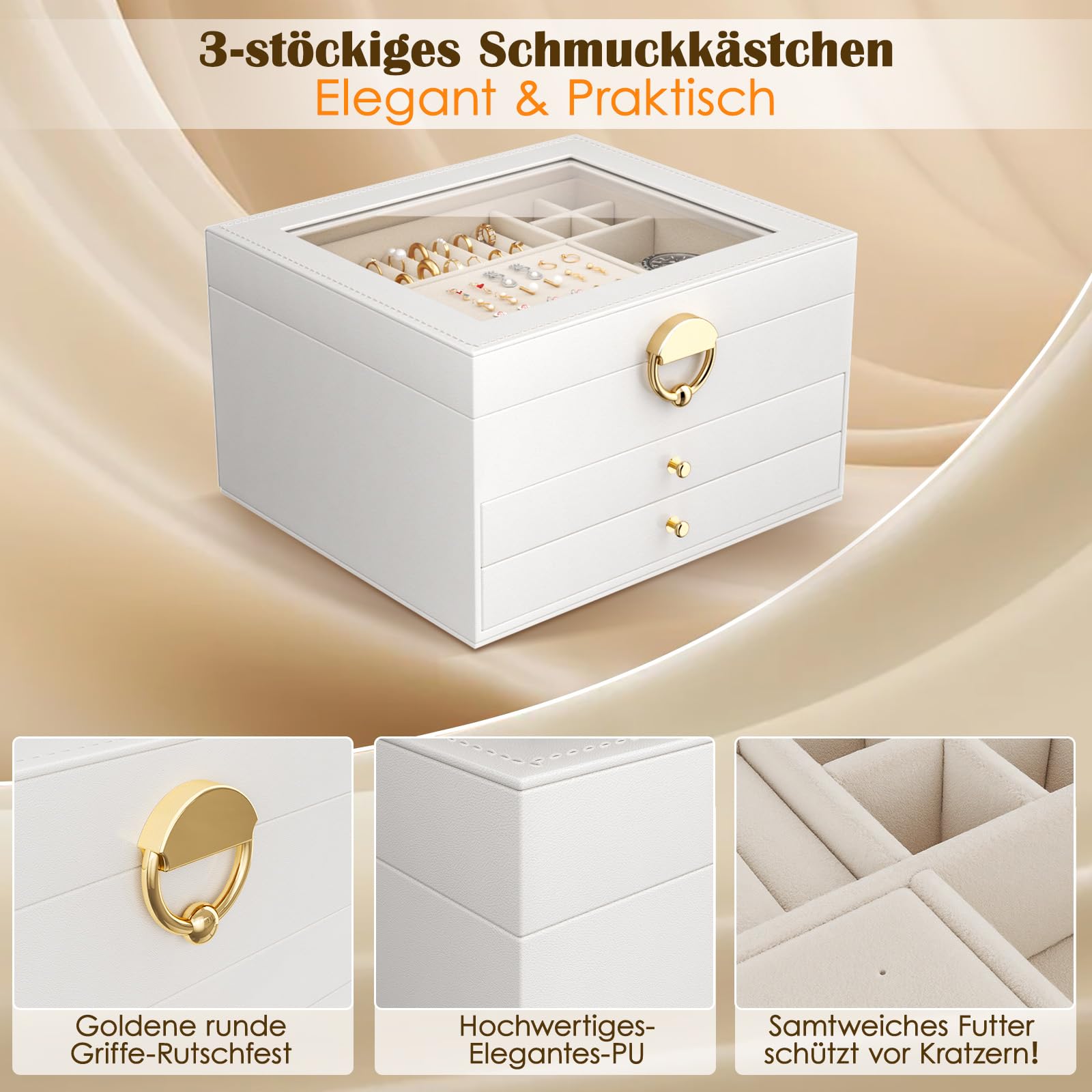 Large Jewellery Box, 4-layer 3 Drawer Jewelry organiser, Cloud White