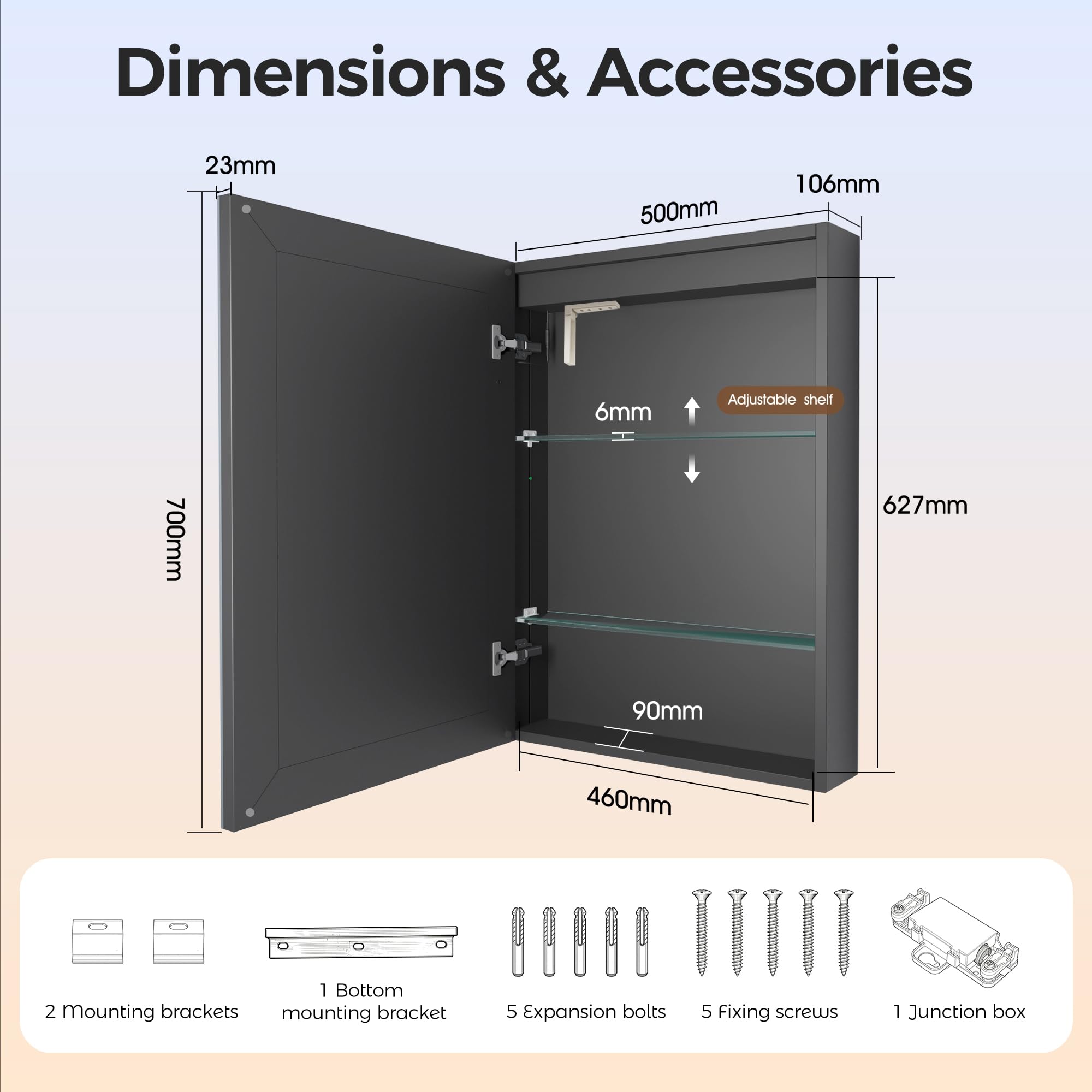 STARLEAD Illuminated-Bathroom-Mirror-Cabinets-with-Lights 500x700mm, Matte Black Aluminium Wall-Mounted-Storage with Adjustable Shelves