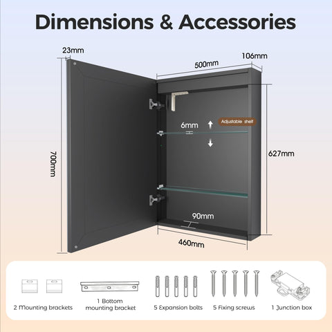 STARLEAD Illuminated-Bathroom-Mirror-Cabinets-with-Lights 500x700mm, Matte Black Aluminium Wall-Mounted-Storage with Adjustable Shelves
