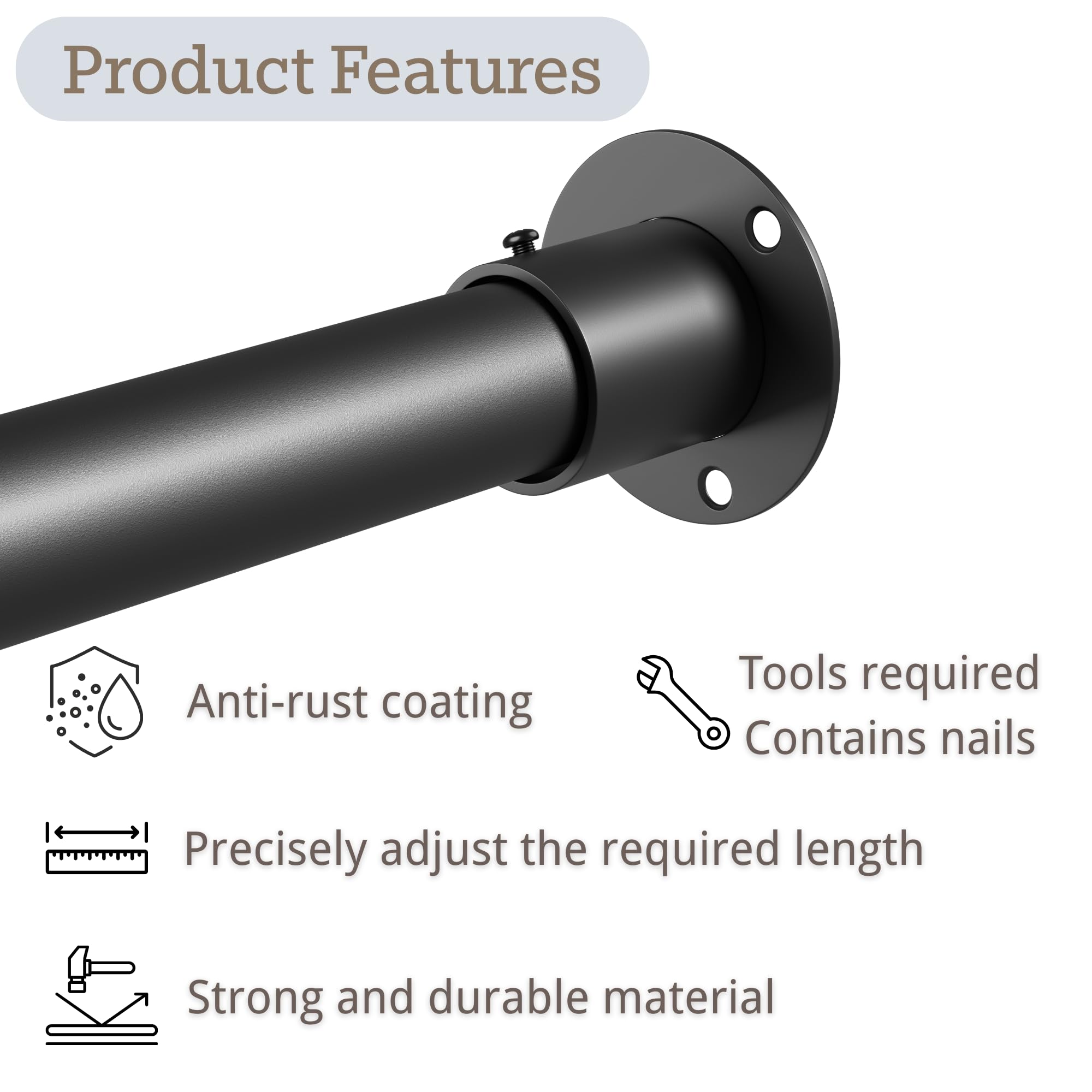 Venwemong Wardrobe Rod, Extra Long Clothes Rail, Heavy Duty Stainless Steel for Closet & Storage, Black, Length 110–270cm, Diameter 32mm
