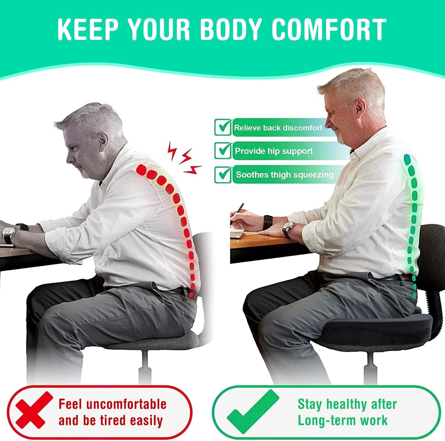 Qollection Seat Cushion, Hip Support, Heat Sensitive & Durable Memory Foam Sitting zipper Desk Chair Cushion for Office