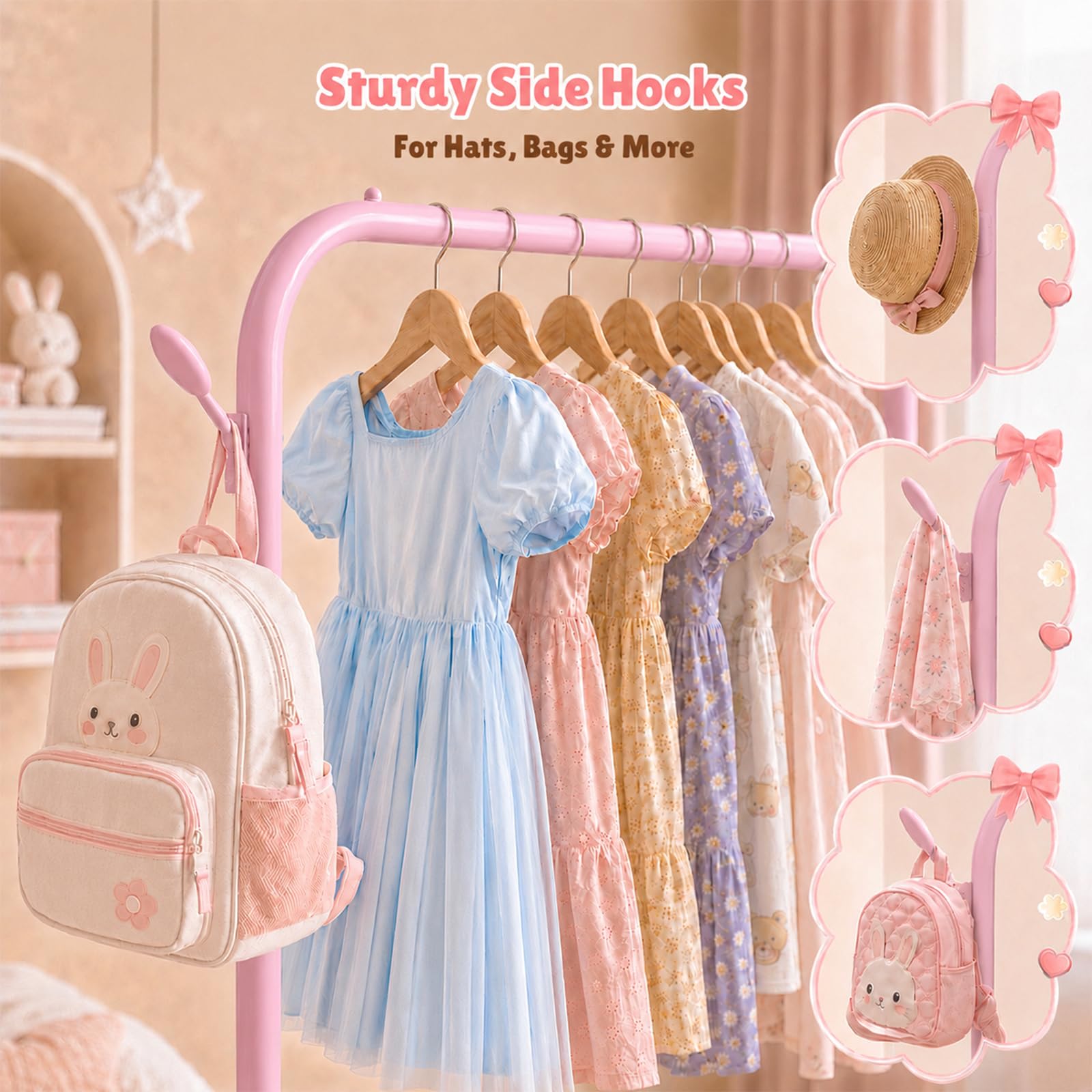 ELUZENE Kids Clothes Rack with 2 Fabric Storage Shelves Pink