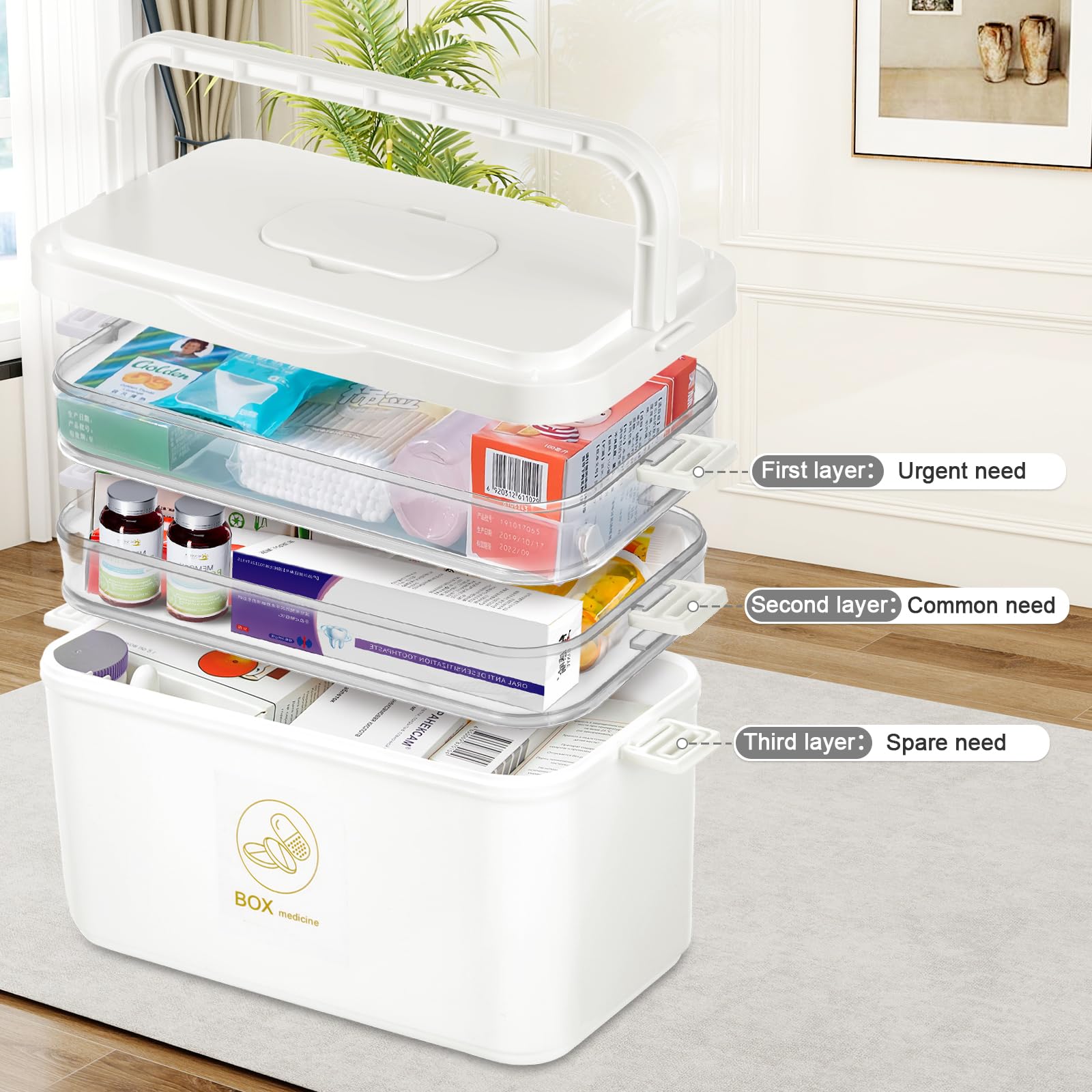 MICHIHOMIE 3 Layer Medicine Storage Box, Portable First Aid Box with Handle, Large Capacity Medicine Boxes Organiser for Home, Office, School
