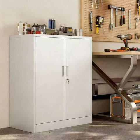 Metal Storage Cabinet, 90cm Locking Storage Cabinet with Doors & Shelves, Steel Storage Cabinet with 2 Adjustable Shelves for Garage, Home, Office