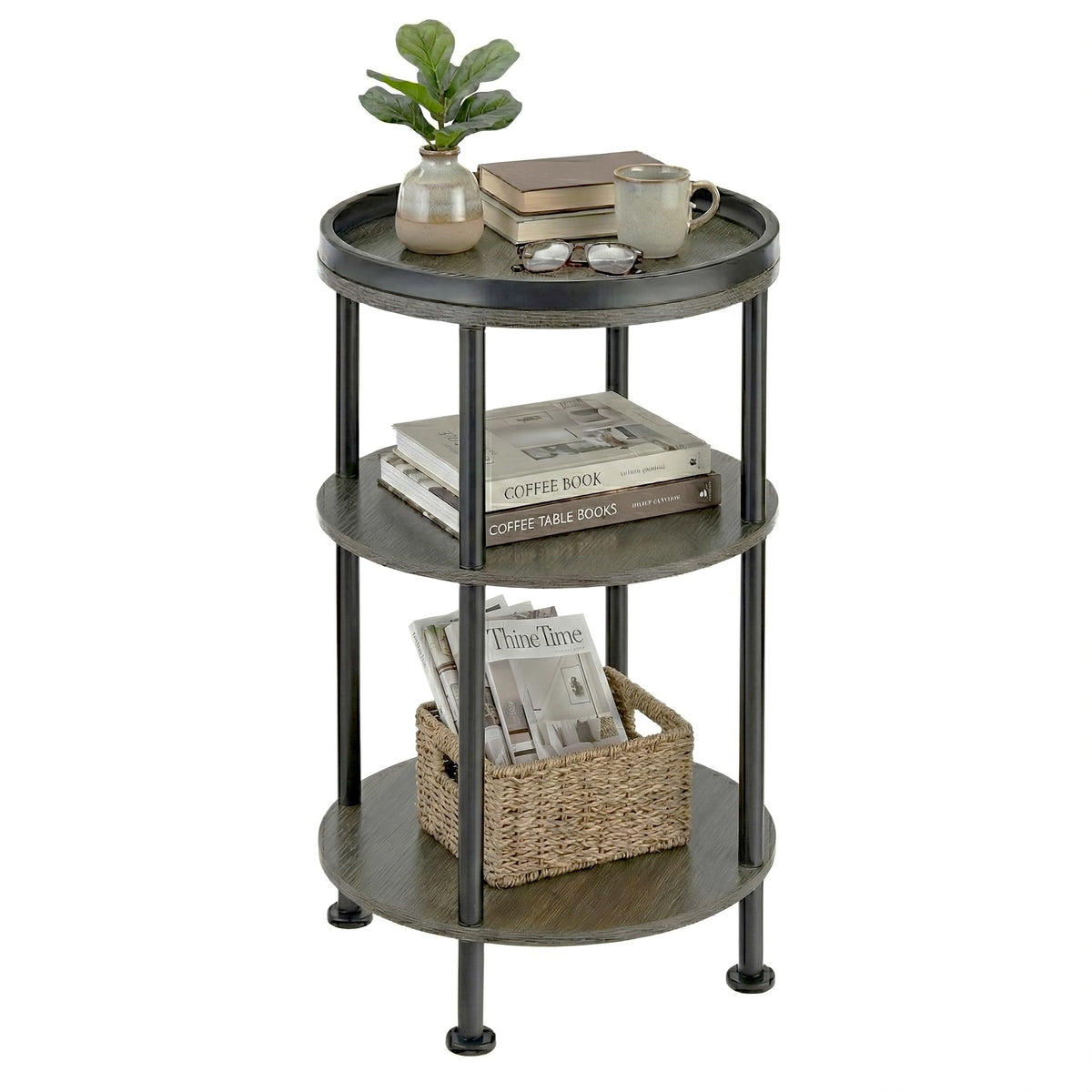 YEAKOO Nordic End Table, 3-Tier 30cm Round Side Table with Storage Shelf Edge Protection Tray