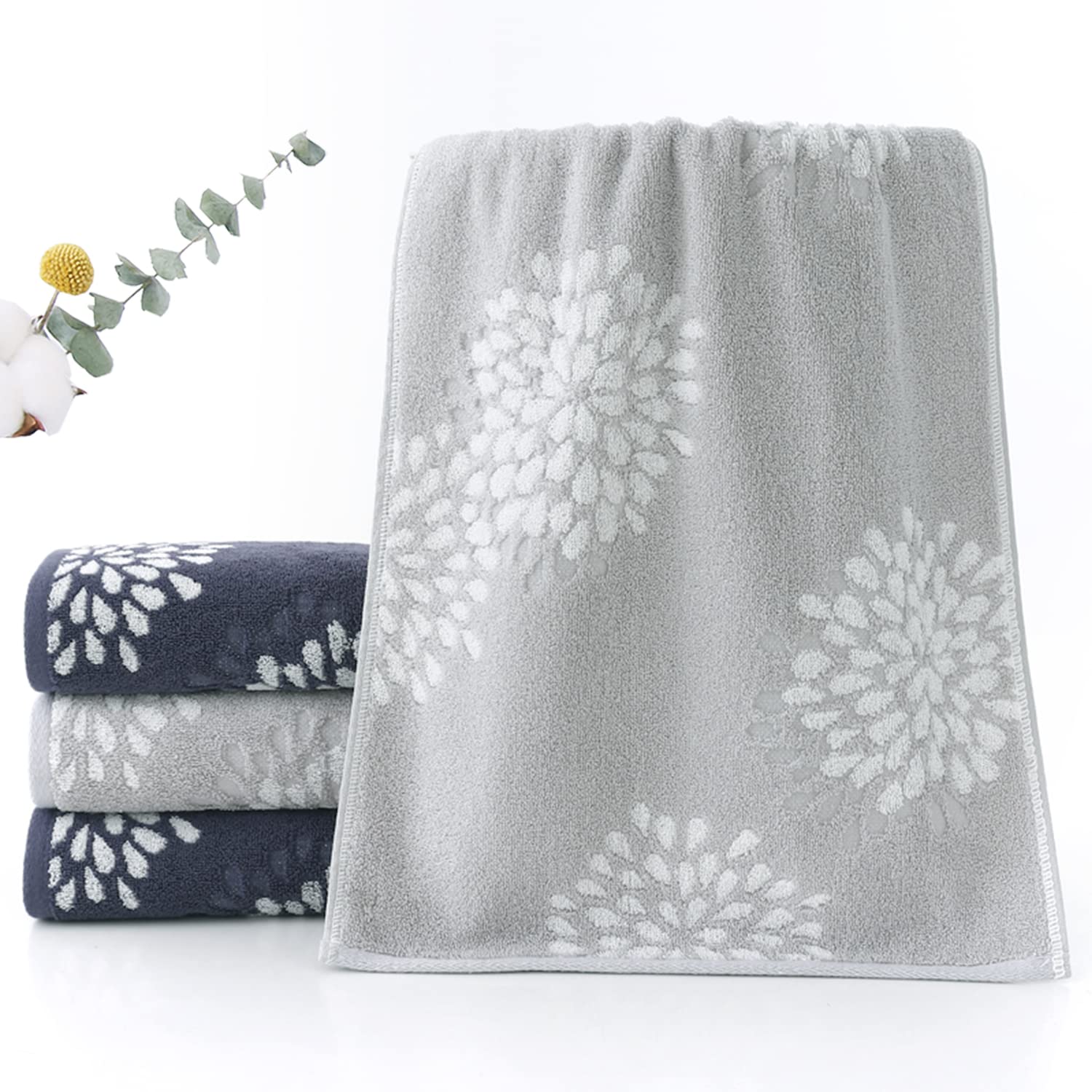 Pidada Hand Towels Set of 2 Hydrangea Floral Pattern 100% Cotton Absorbent Soft Decorative Towel for Bathroom (Light Grey)