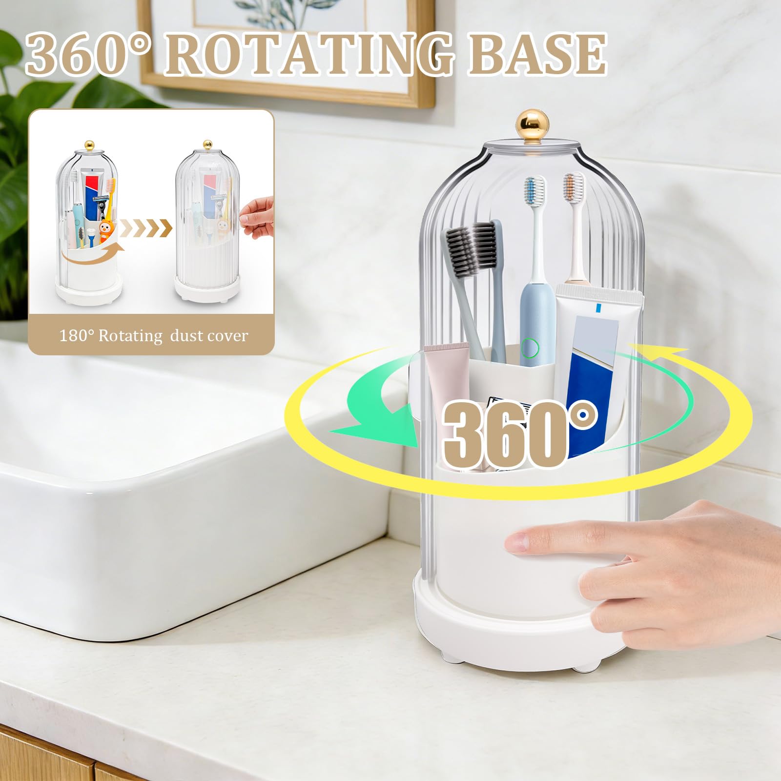 Toothbrush Holder with Cover - 360° Rotating 3-Slot Organizer with Drainage for Bathroom Vanity Counter