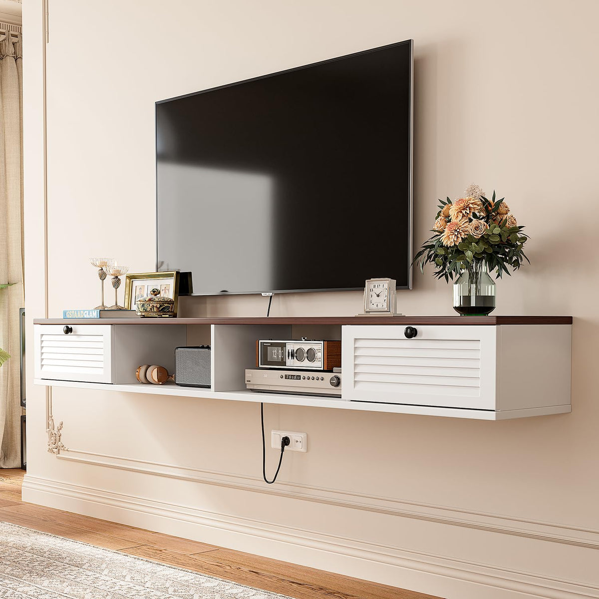 FloatiCasa 140cm Walnut & White Floating TV Unit, 2 Doors & 2 Open Cabinets