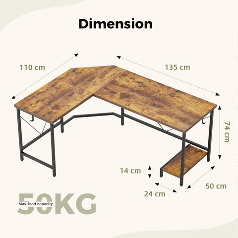 Mericonia L Shaped Desk, Diamond Design for Socket, 135x110cm, Brown