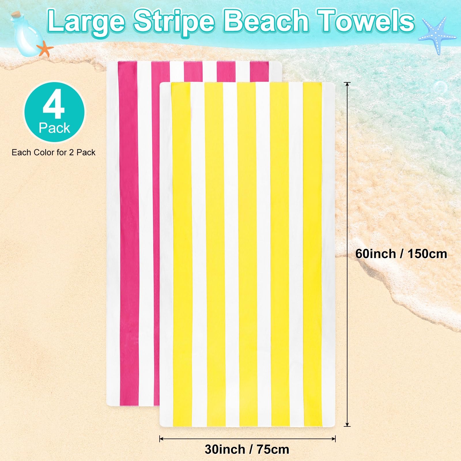M METERXITY 1-Set Large Stripe Beach Towels 30x60in Rose Red/Yellow