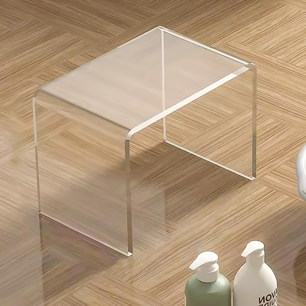 Clear Acrylic U Shaped End Table, Transparent Perspex Plastic Shower Stool, Stylish Modern Coffee Table with Rounded Edges