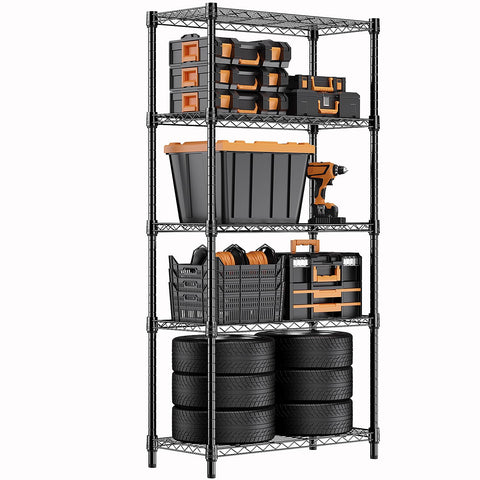 M MZG Height Adjustable Shelves,Heavy Duty Wire Pantry Shelving for Tool Sheds, Garage, and Storehouse,Metal,Black,5 tier, 35 x 60 x 158.7 cm