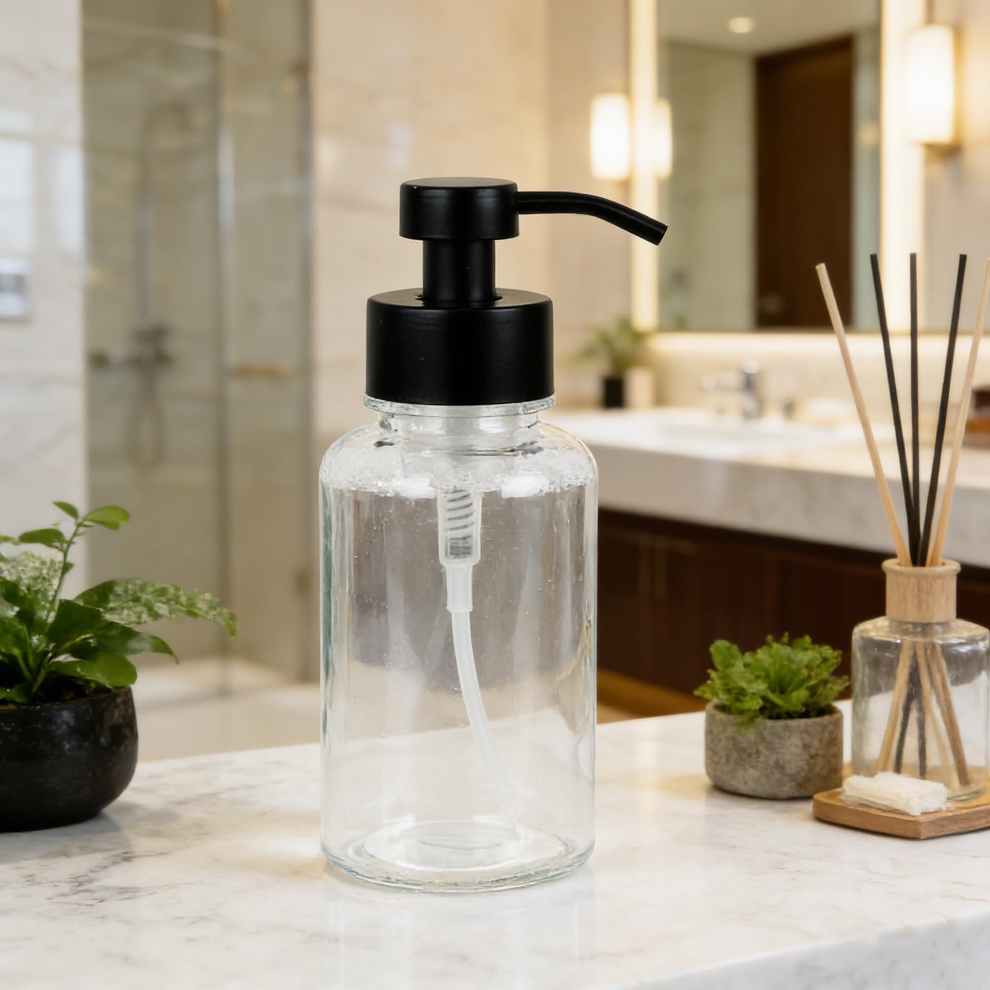 SDlumeiy 15 oz Amber-Tinted Thick Glass Foaming Soap Dispenser, Refillable Foaming Soap Dispenser with Black Rust-Proof Foam Pump