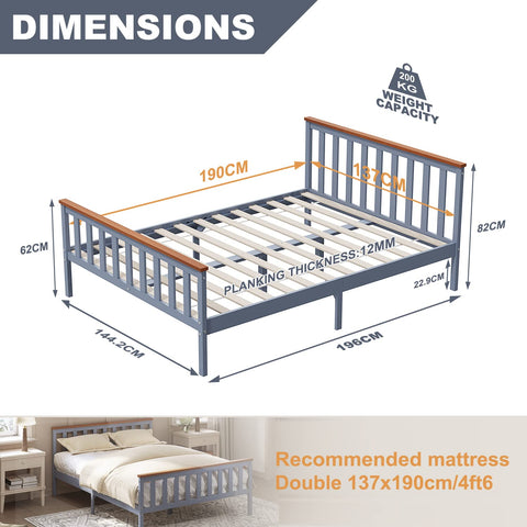 ELEGANT Double Solid Wood Bed Frame with Slatted Headboard 4ft6, 137x190cm