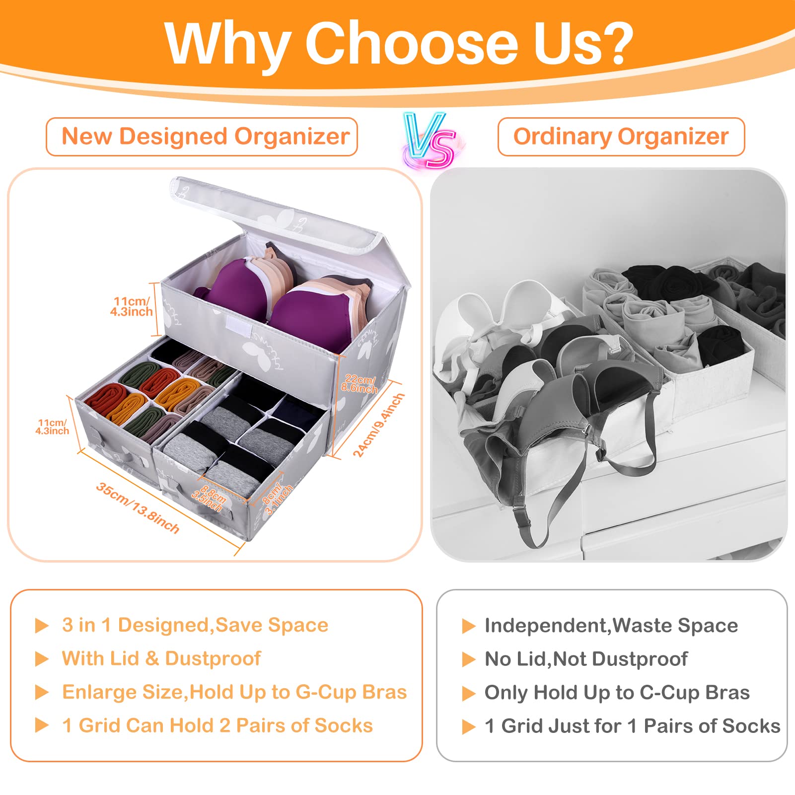 EASEVE Sock Underwear Drawer Organiser with Lid - Wardrobe Clothes Storage Boxes with Dividers, Foldable Fabric Closet Organizer for Bra, Sock, Shirt