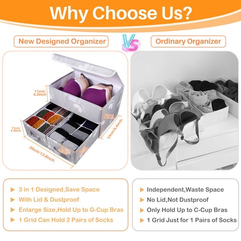EASEVE Sock Underwear Drawer Organiser with Lid - Wardrobe Clothes Storage Boxes with Dividers, Foldable Fabric Closet Organizer for Bra, Sock, Shirt