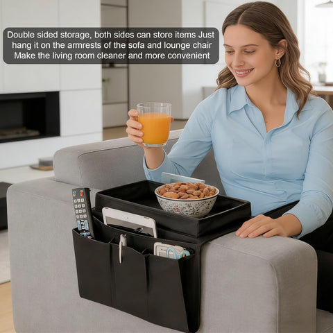LCFVOFU Sofa Armrest Organizer with Tray, Armchair Tray with 4 Bags, Sofa Arm Table for TV Remote Drinks Magazine Book Phone Snacks Glasses