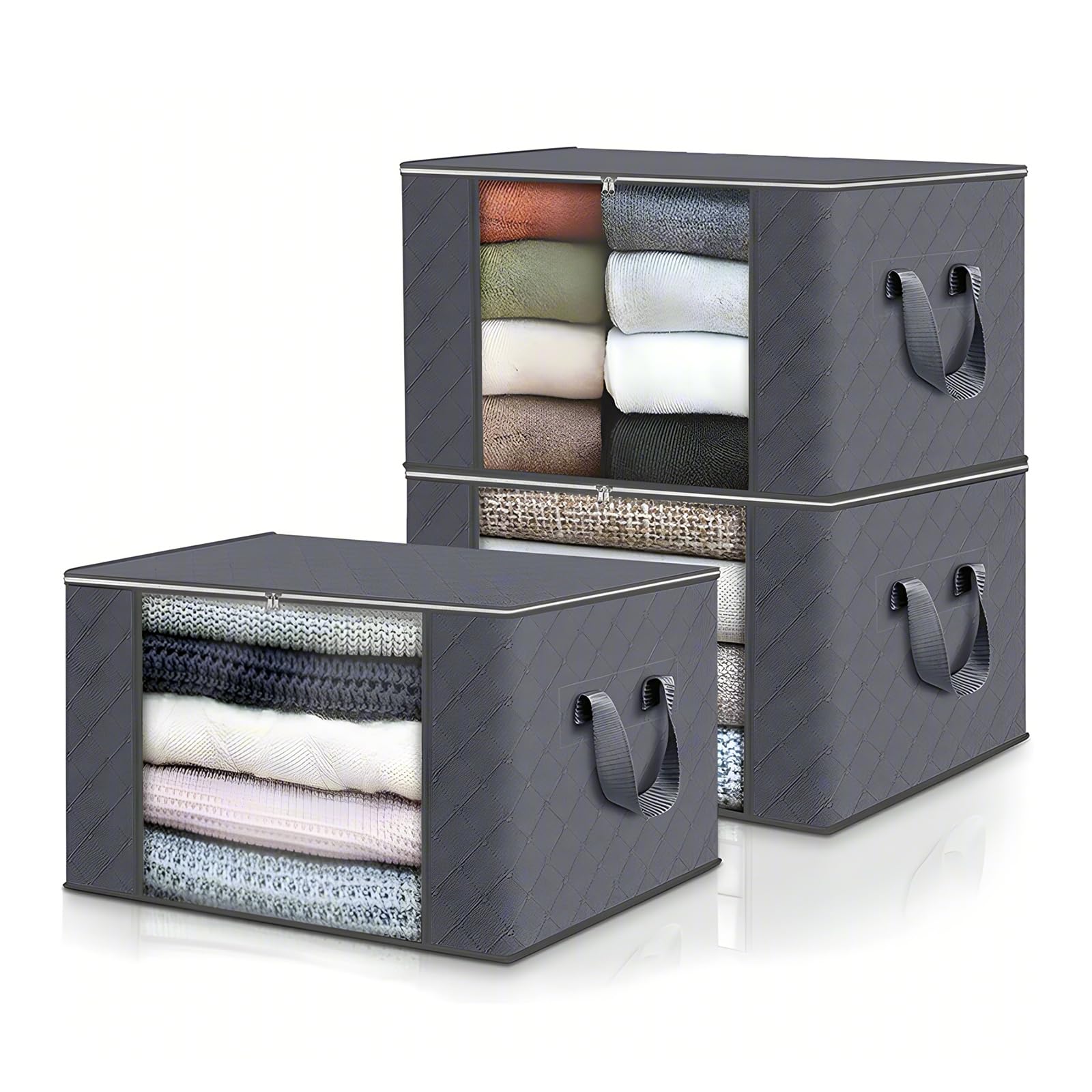 ASelected 3 Pack Clothes Storage Bag, 60L Underbed Storage Boxes with Lids, Foldable Moving Boxes with Clear Window Storage for Clothes Duvets