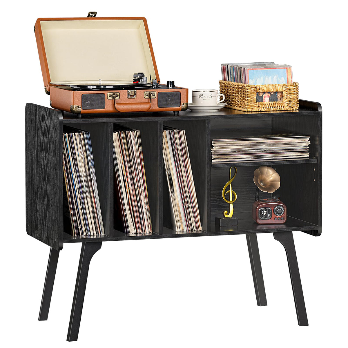 LELELINKY Record Player Stand, 4 Compartments, Holds Up to 220 Records