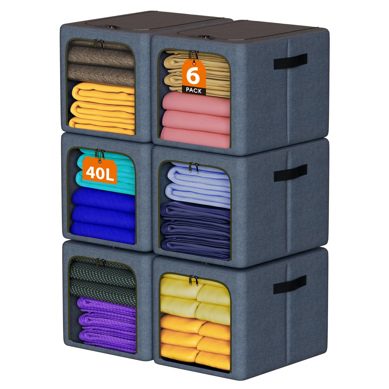Goldbus 40LStackable Clothes Storage Bins with Metal Frame- 6 Pack Foldable Closet Organizers and Fabric Storage Box with Zippers
