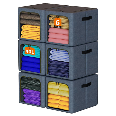 Goldbus 40LStackable Clothes Storage Bins with Metal Frame- 6 Pack Foldable Closet Organizers and Fabric Storage Box with Zippers