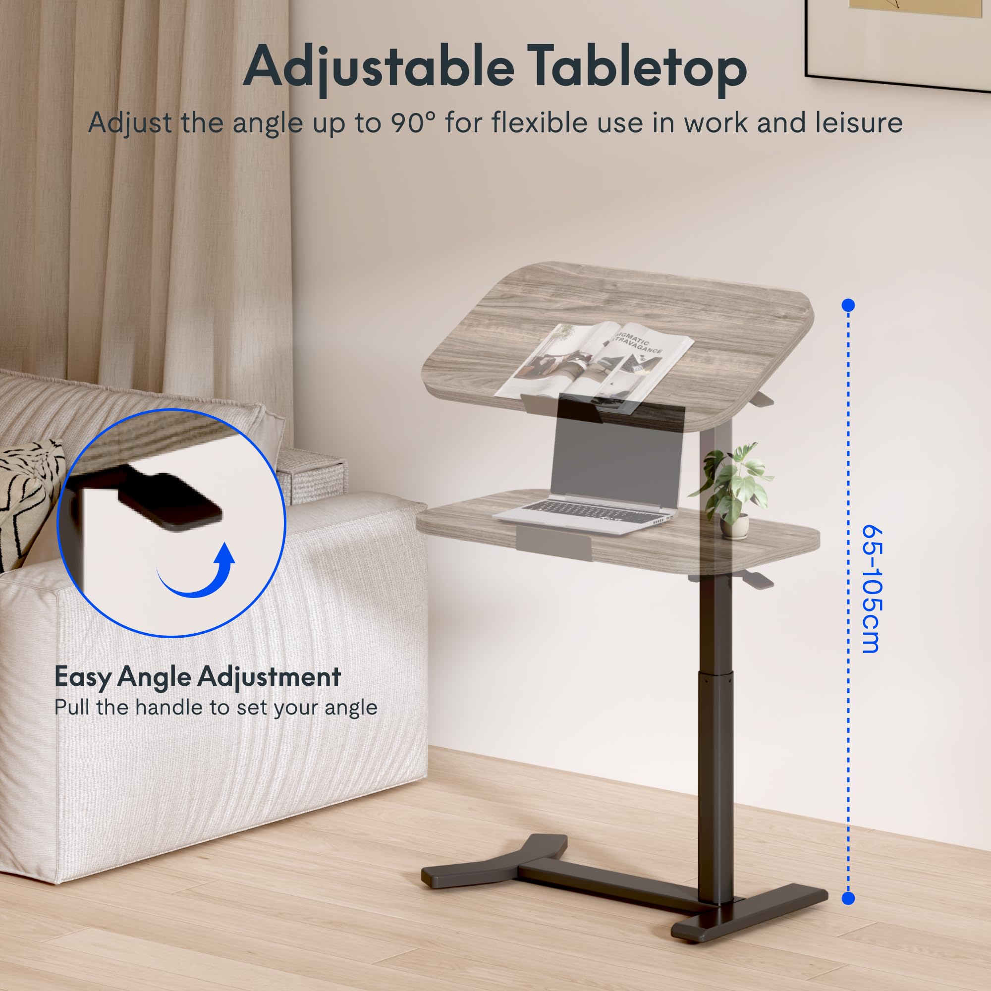 FLEXISPOT Overbed Table with Wheels, Adjustable Height Bedside Table, Rolling Laptop Desk for Bed Sofa, Small Standing Desk 60 x 40 cm