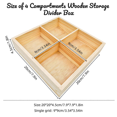 Anktily Unfinished Square Wooden Storage Divider Box, 4 Compartments Showcase Display Box, Socks Organizer, Underwear Storage Case