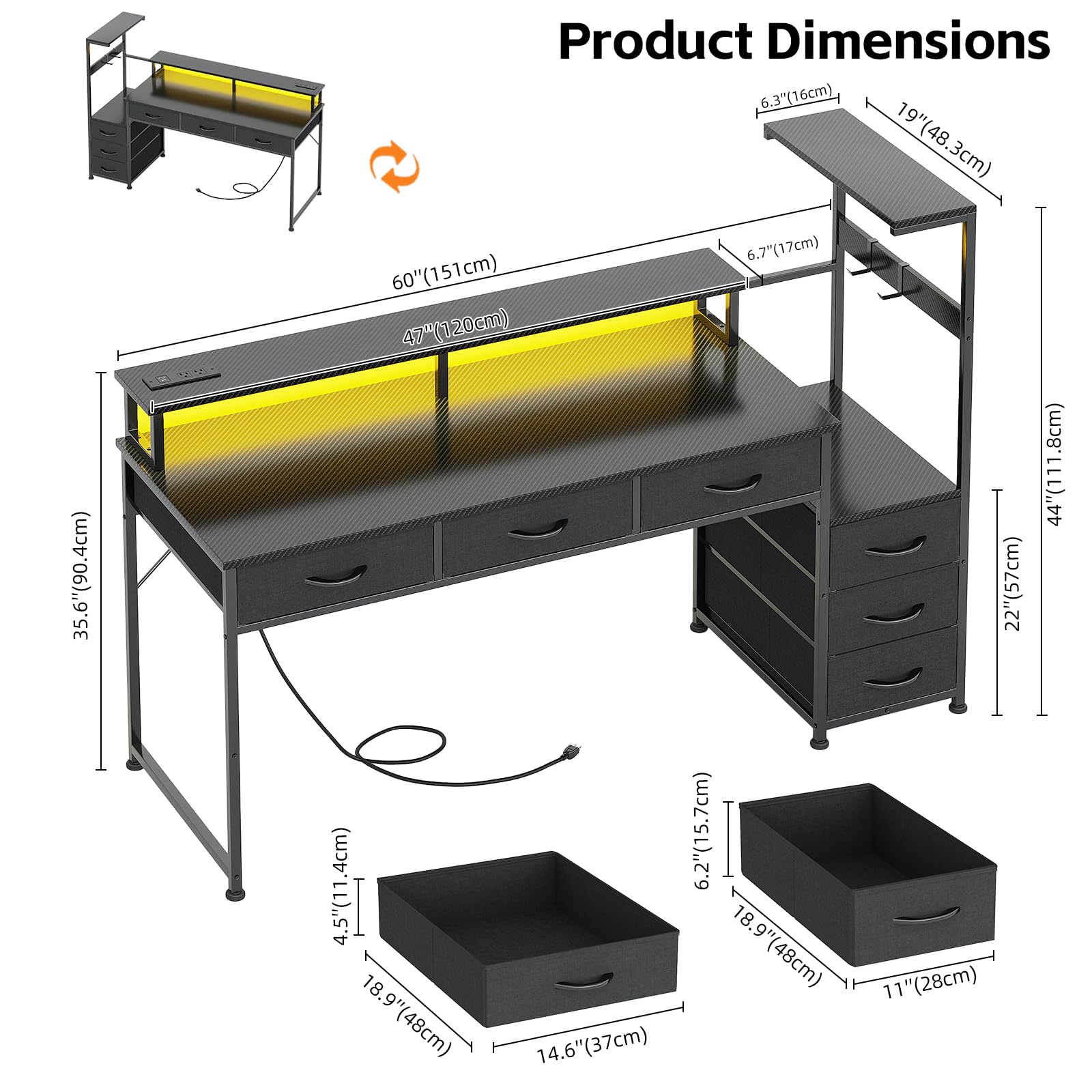 WEMANER 151cm Computer Desk with 6 Fabric Drawers, Reversible Home Office Desk with Printer Cabinet, Writing Desk with Monitor Stand & Power Outlets