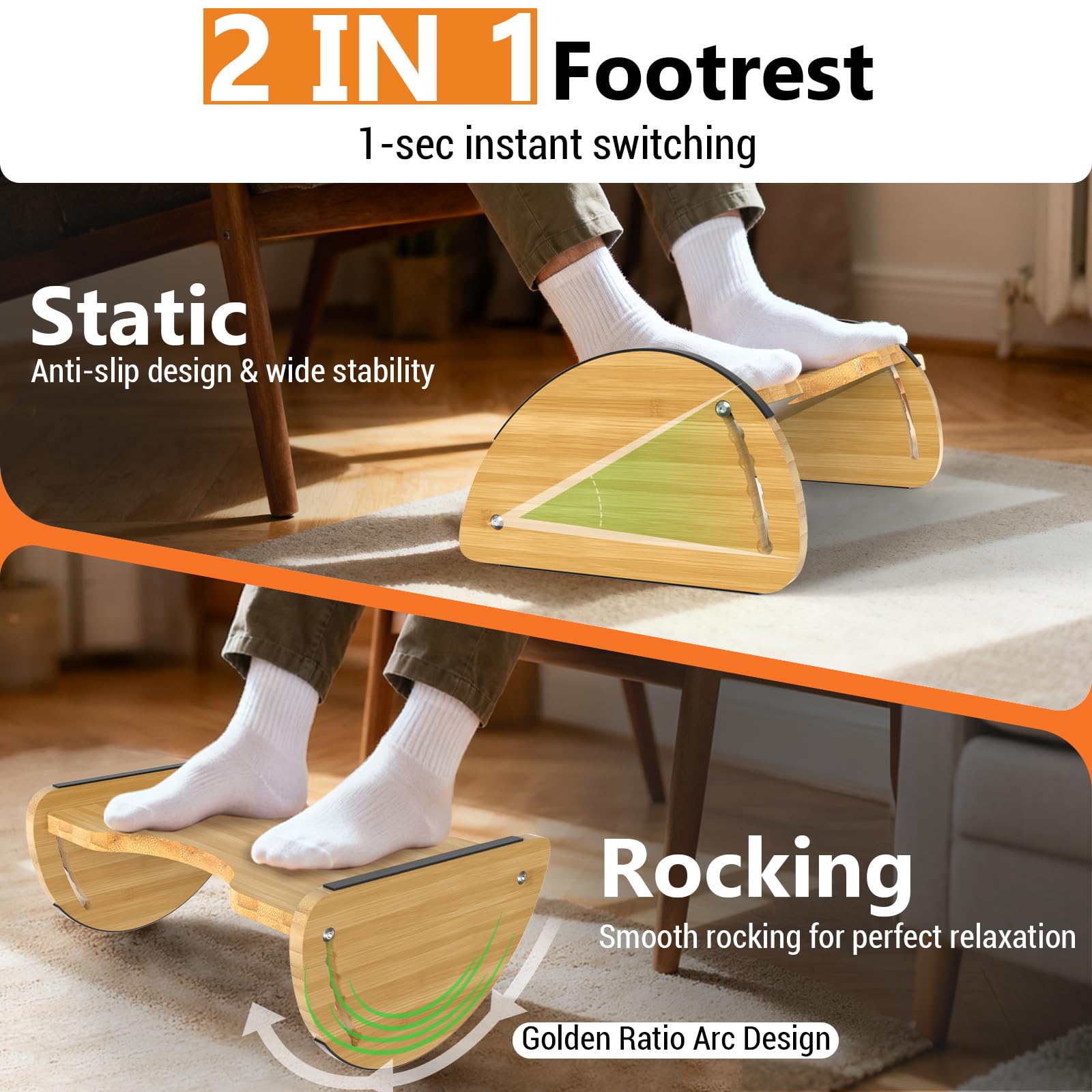 Under Desk Foot Rest,2-in-1 Adjustable Ergonomic Footrest for Office & Home,Bamboo Foot Stool with 6 Heights,Rocking & Flat Modes-Anti-Slip