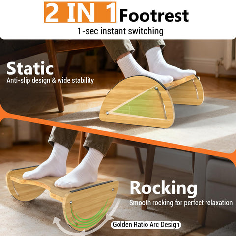 Under Desk Foot Rest,2-in-1 Adjustable Ergonomic Footrest for Office & Home,Bamboo Foot Stool with 6 Heights,Rocking & Flat Modes-Anti-Slip