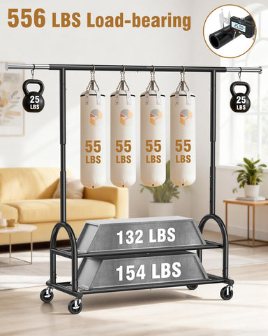 EAGMAK Heavy Duty Clothes Rail Load 252 KG, Rolling clothing Rail with Sturdy Wheels and 2 Shelves, Height Adjustable Metal Coat Racks