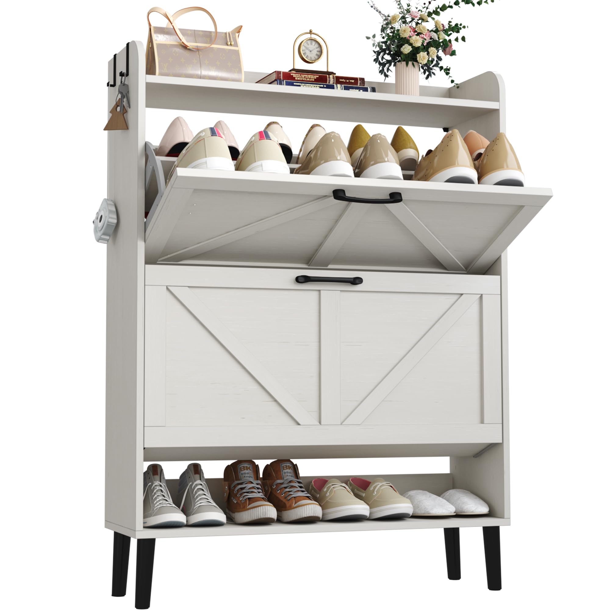 HOME BI Farmhouse Shoe Cabinet with Two Flip Drawers,3-Tier Shoe Storage Organizer with Open Shelf & Top Display,Freestanding Narrow Hidden Shoe Rack