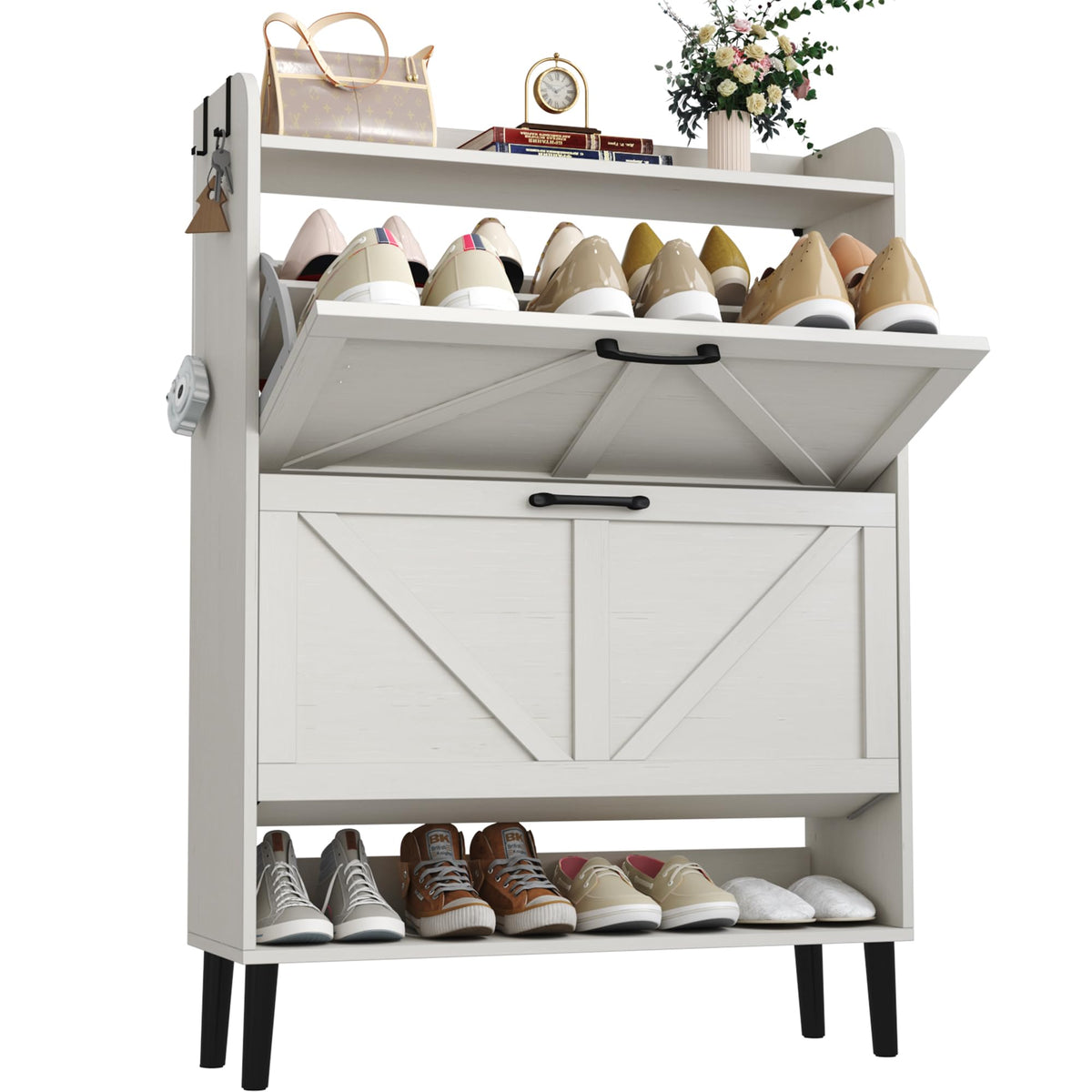 HOME BI Farmhouse Shoe Cabinet with Two Flip Drawers,3-Tier Shoe Storage Organizer with Open Shelf & Top Display,Freestanding Narrow Hidden Shoe Rack