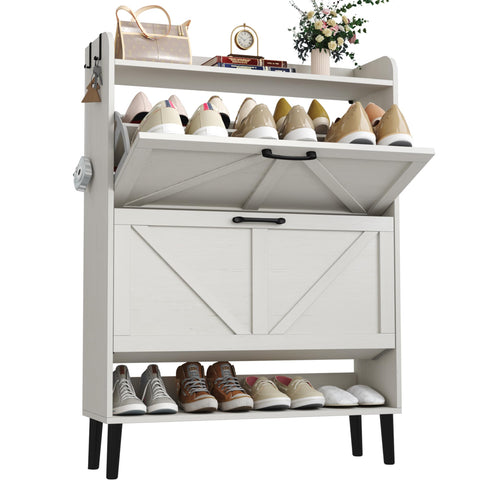 HOME BI Farmhouse Shoe Cabinet with Two Flip Drawers,3-Tier Shoe Storage Organizer with Open Shelf & Top Display,Freestanding Narrow Hidden Shoe Rack