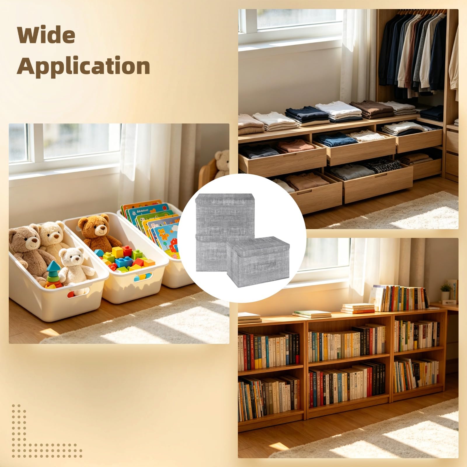 3 Pcs Non-woven Fabric Storage Boxes with Touch Fastener Lids and Handles, 15 x 9.8 x 9.8 in Gray Collapsible Wardrobe Organizers