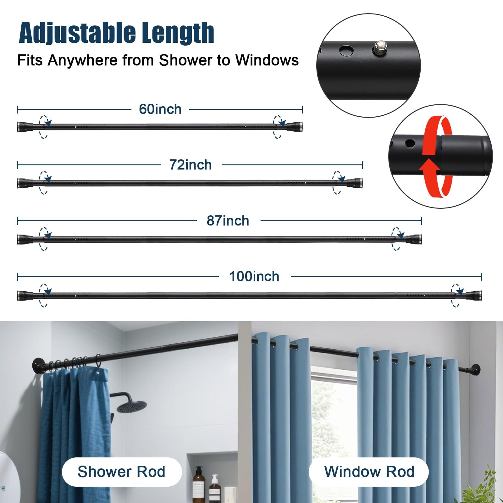 Sturdy Stainless Steel Shower Curtain Rail, Adjustable from 107 to 183 cm, 3-in-1 Installation without Drilling (Gluing, Screws or Clamps)