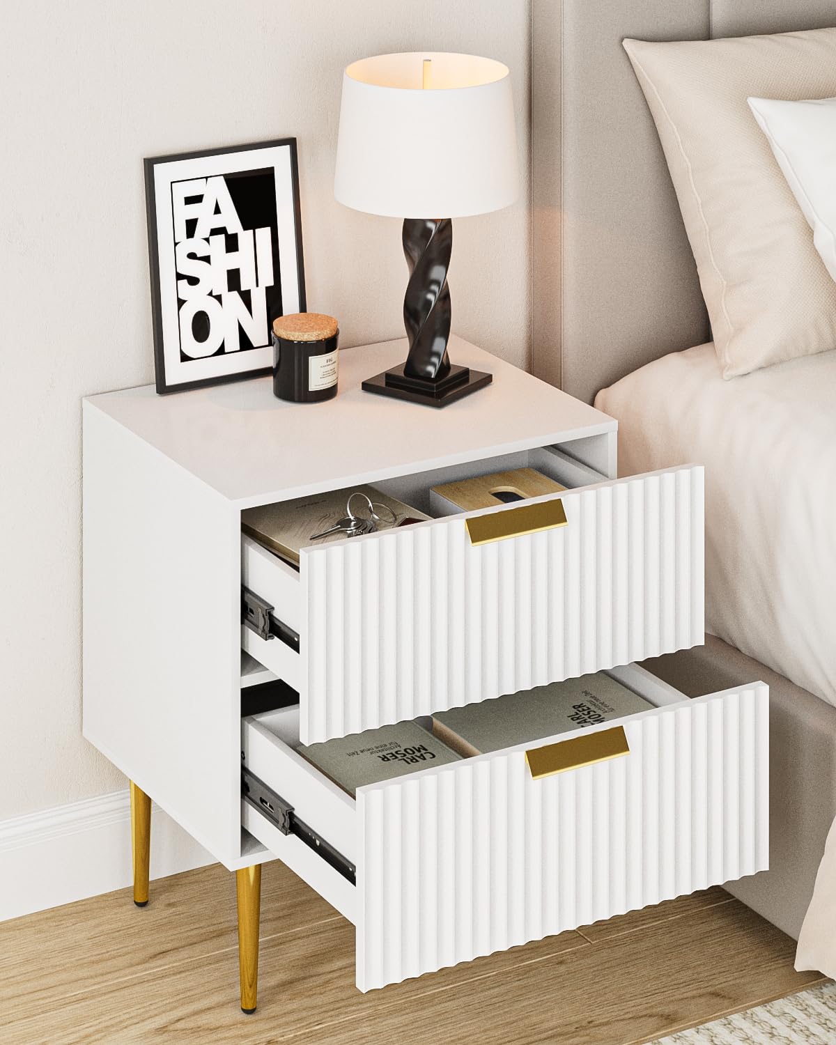 Apetaccat White Bedside Table, Nightstand with 2 Drawers with Gold Leg, Modern Bedside Table Bedroom Furniture for Living Room or Bedroom, White