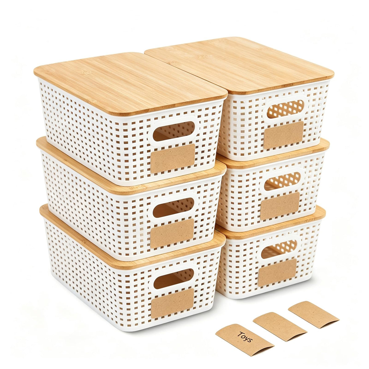 Mangata 6 Pack Storage Boxes with Bamboo Lid, Stackable Storage Baskets White