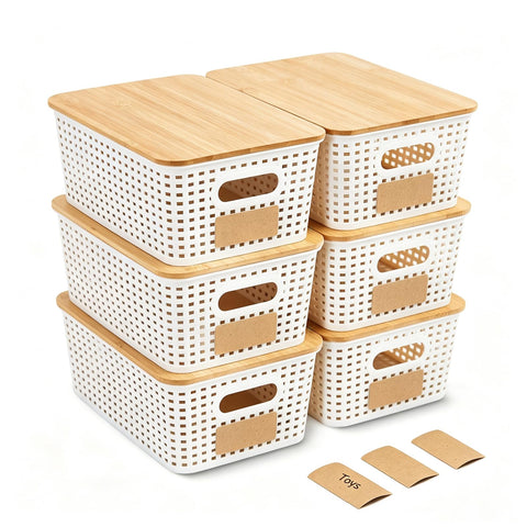 Mangata 6 Pack Storage Boxes with Bamboo Lid, Stackable Storage Baskets White