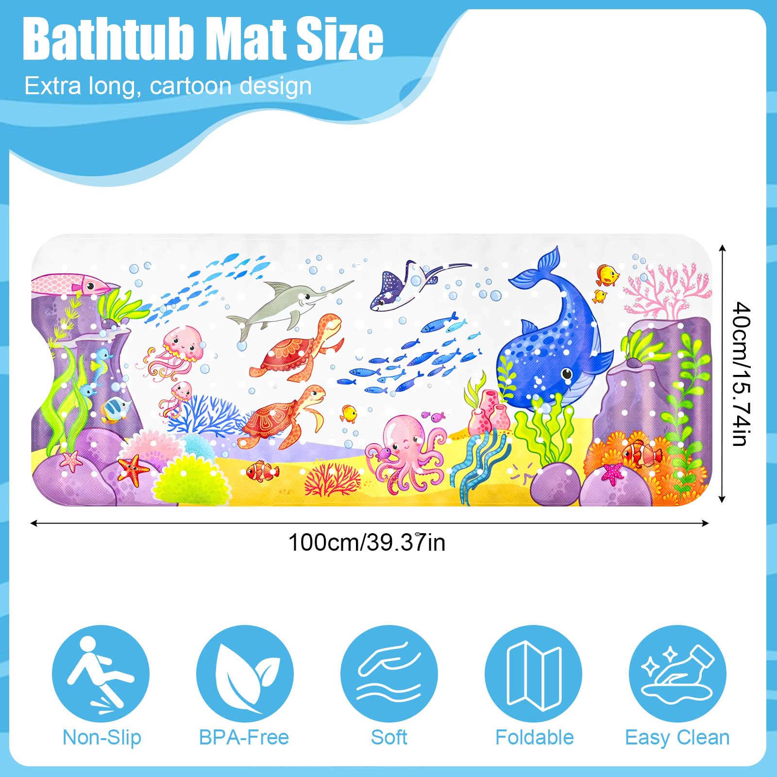 Baby Bath Mat Non Slip Anti Mould, 100 x 40cm Extra Long Bath Shower Tub Mat with Suction Cups and Drain Holes, Cartoon Patterned Kids Shower Mats