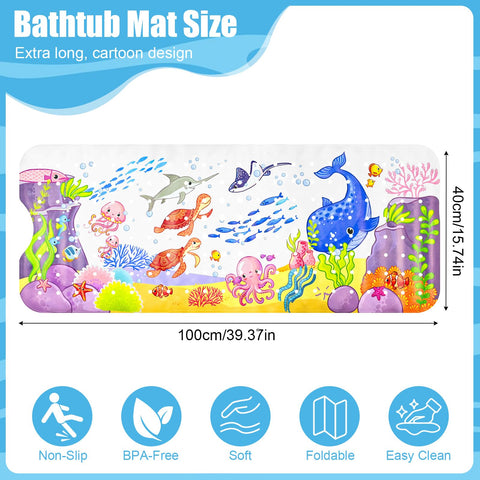Baby Bath Mat Non Slip Anti Mould, 100 x 40cm Extra Long Bath Shower Tub Mat with Suction Cups and Drain Holes, Cartoon Patterned Kids Shower Mats