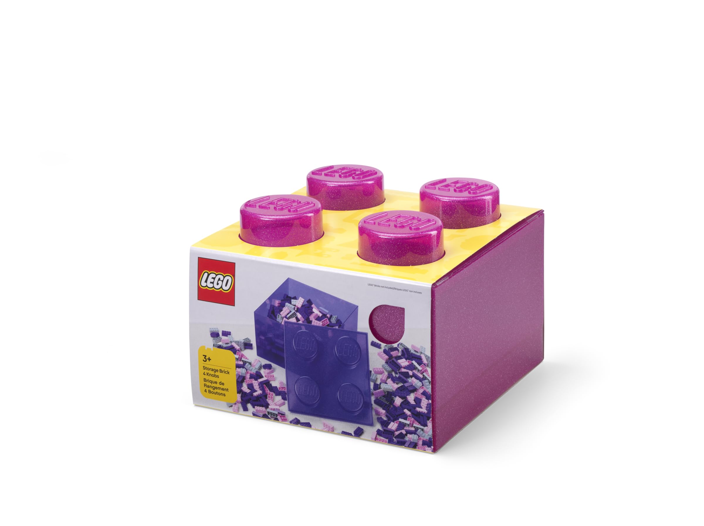 LEGO Storage Brick 4 Knobs Glitter Medium Violet - Stackable Plastic Storage Box with Lid for Kids and Adults Desk Organizer and Toy Box