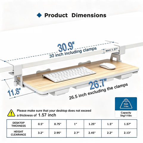 Keyboard Tray Under Desk with Drawer,26.77" X 11.81"Large Size Keyboard Tray with C Clamp-on Mount, Easy to Install, for Home Office (Maple)