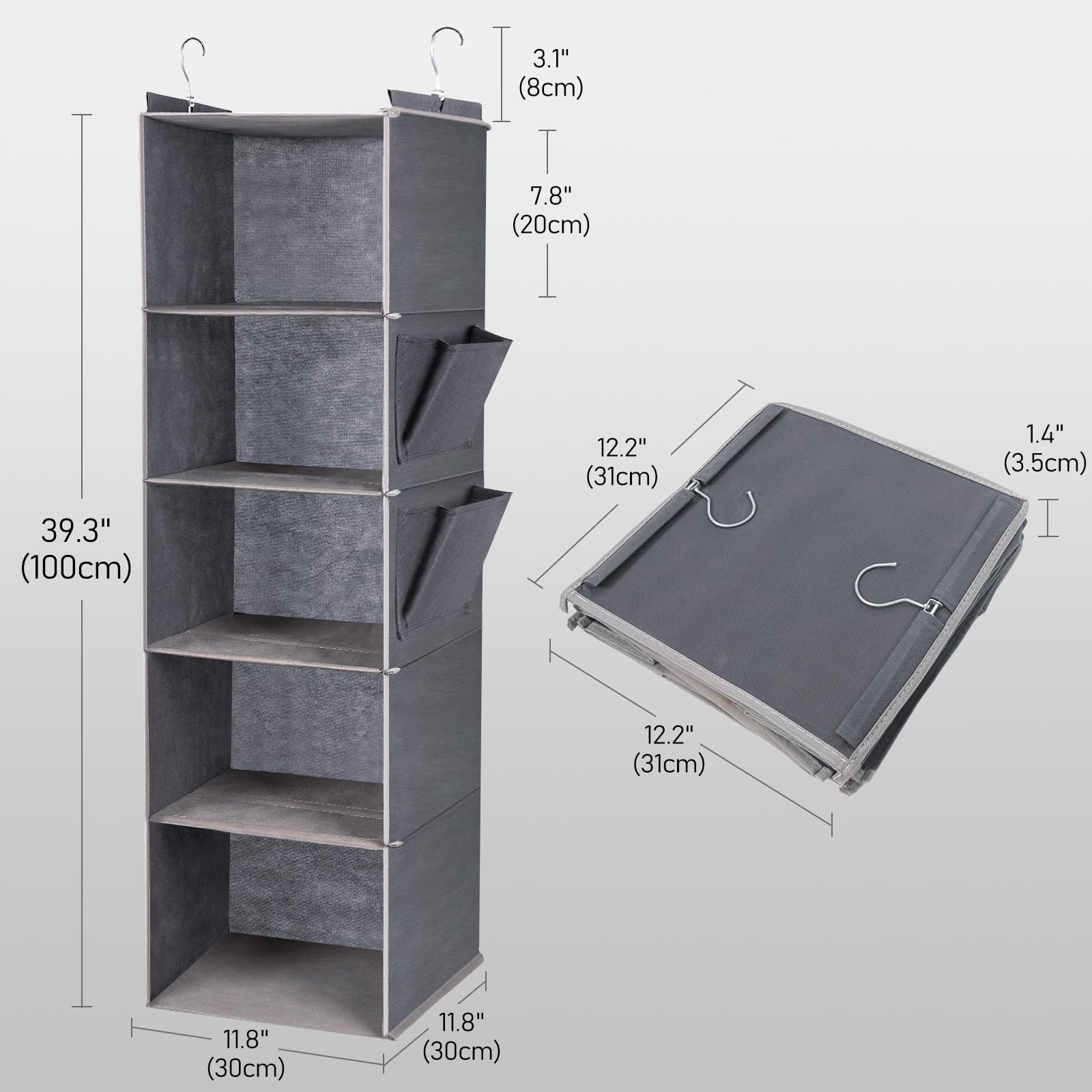 DPWEION Hanging Storage Shelves with 5 Shelves Foldable Hanging Wardrobe Closet Organiser Unit with 2 Side Pockets for Clothes Accessories for