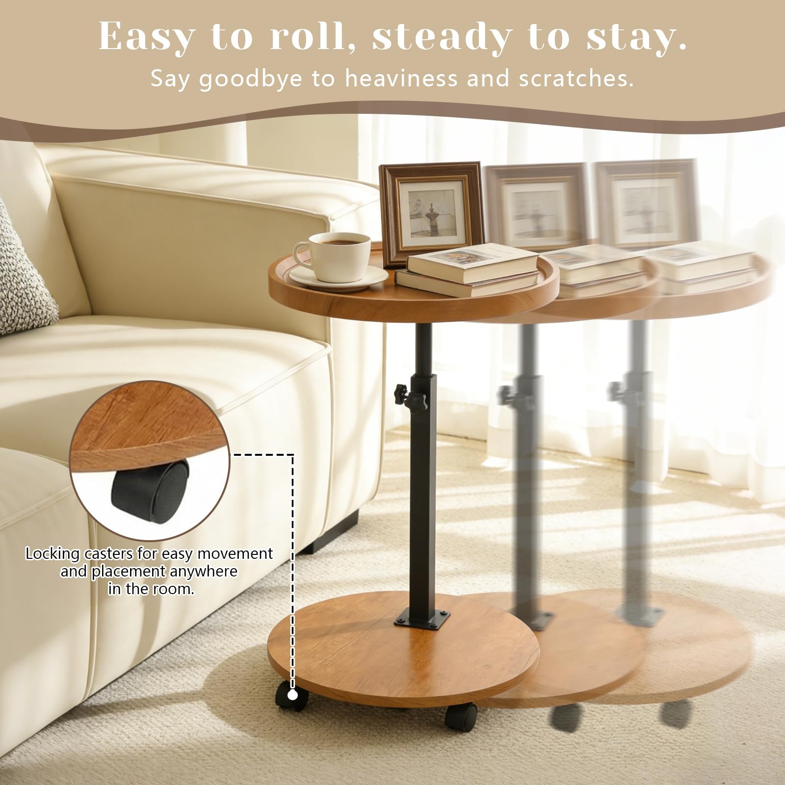YYW C Shaped End Table Adjustable Height, Couch Tables That Slide Under for Small Spaces, 360°Swivel TV Tray Table