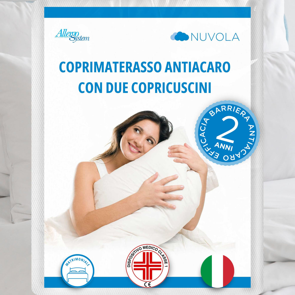 Allergosystem Zipped Mattress Topper for Double Bed 160 x 190 x 20 cm, 2 Pillowcases 50 x 80 cm, Polyester