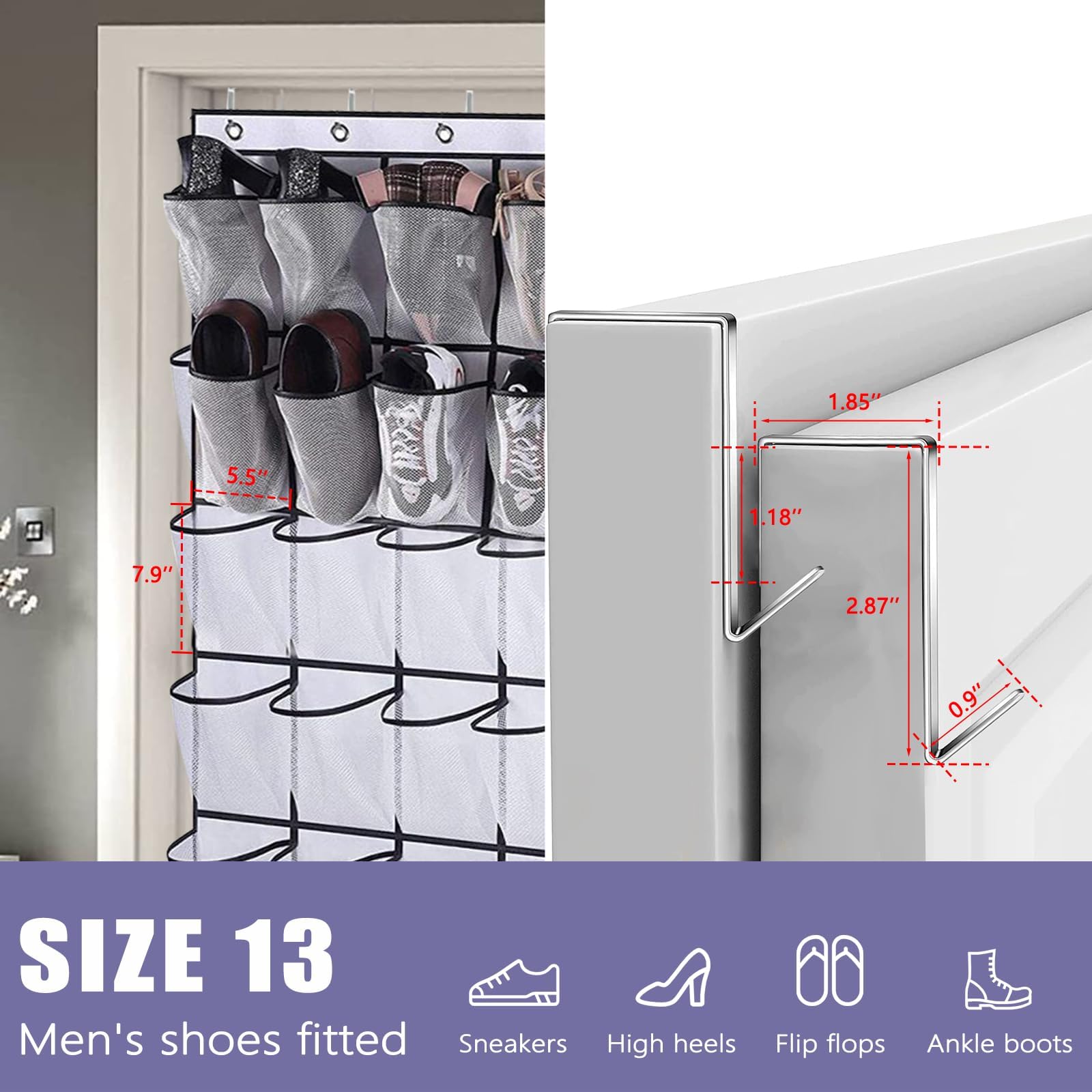 BONAVCY Over the Door Shoe Storage, Hanging Shoe Rack with 24 Mesh Pockets