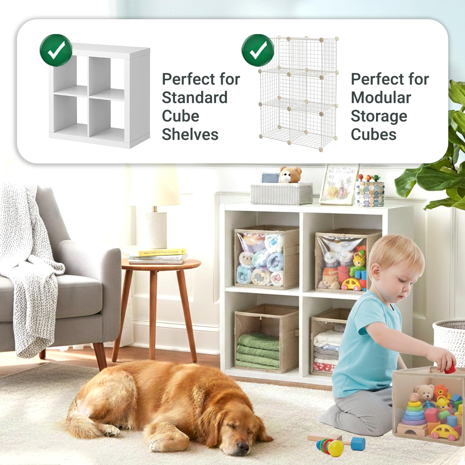 OK ZOO 3-Pack Clear Front Storage Bins – Foldable Cube Organisers with PVC Window & Polyester Linen, Handles for Closet Shelves Nursery Toy Storage