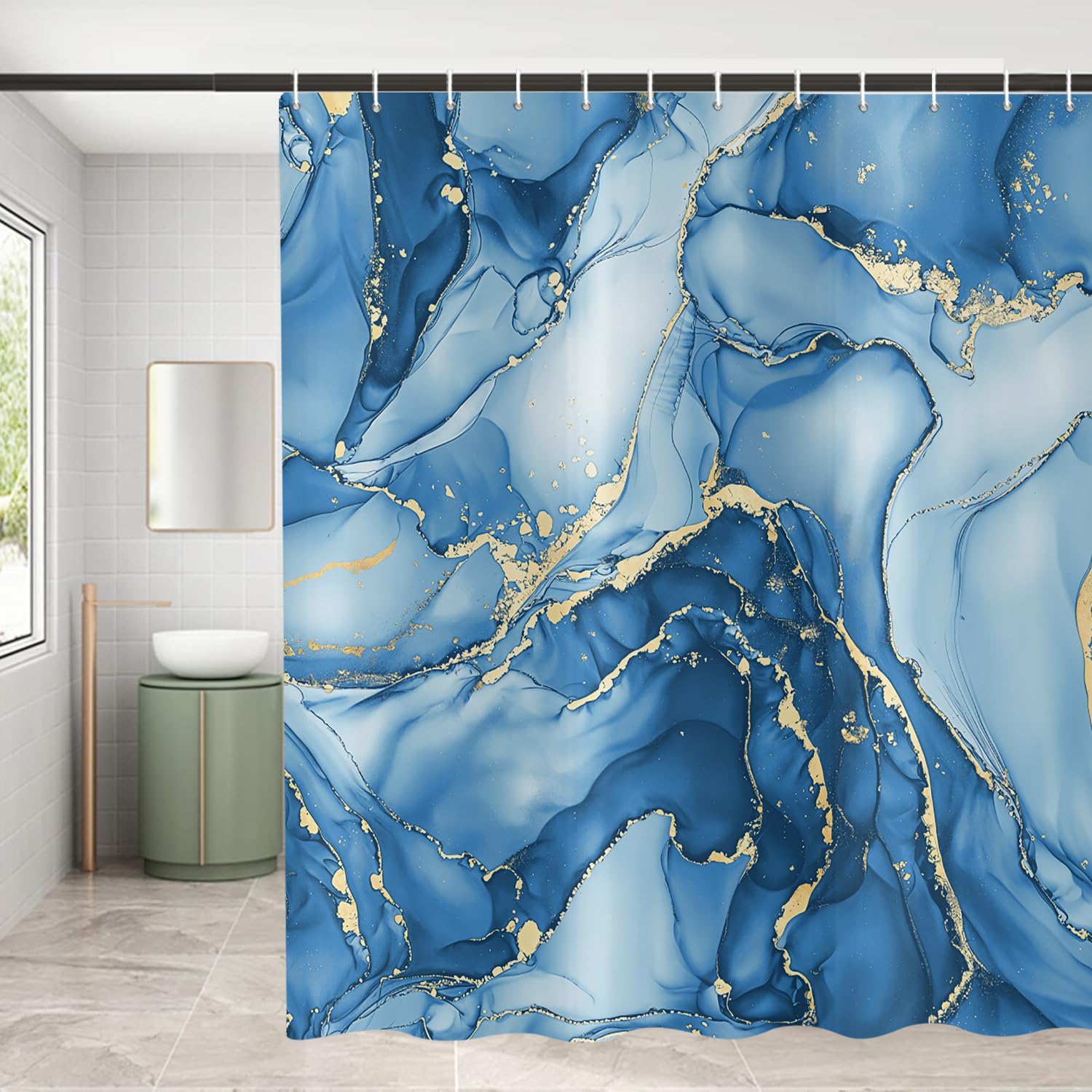ASDCXZ Blue Marble Shower Curtain 180x180 cm, Modern Abstract Art Blue Gold Marble Optics Texture Waterproof Bath Curtain Polyester Textile Washable